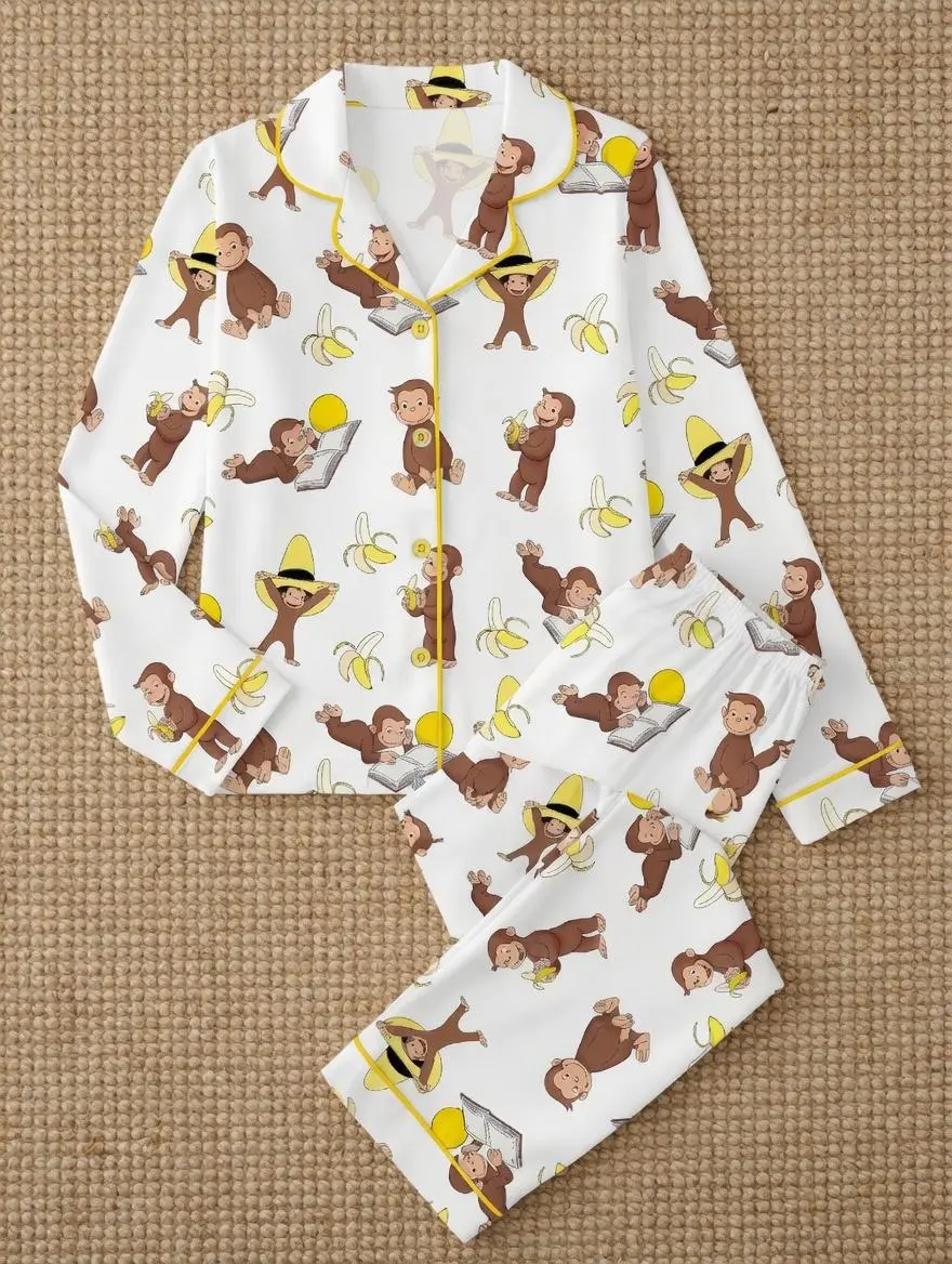 Women's Monkey Banana Print Sleepwear Set, Monkey Banana Pjm Set