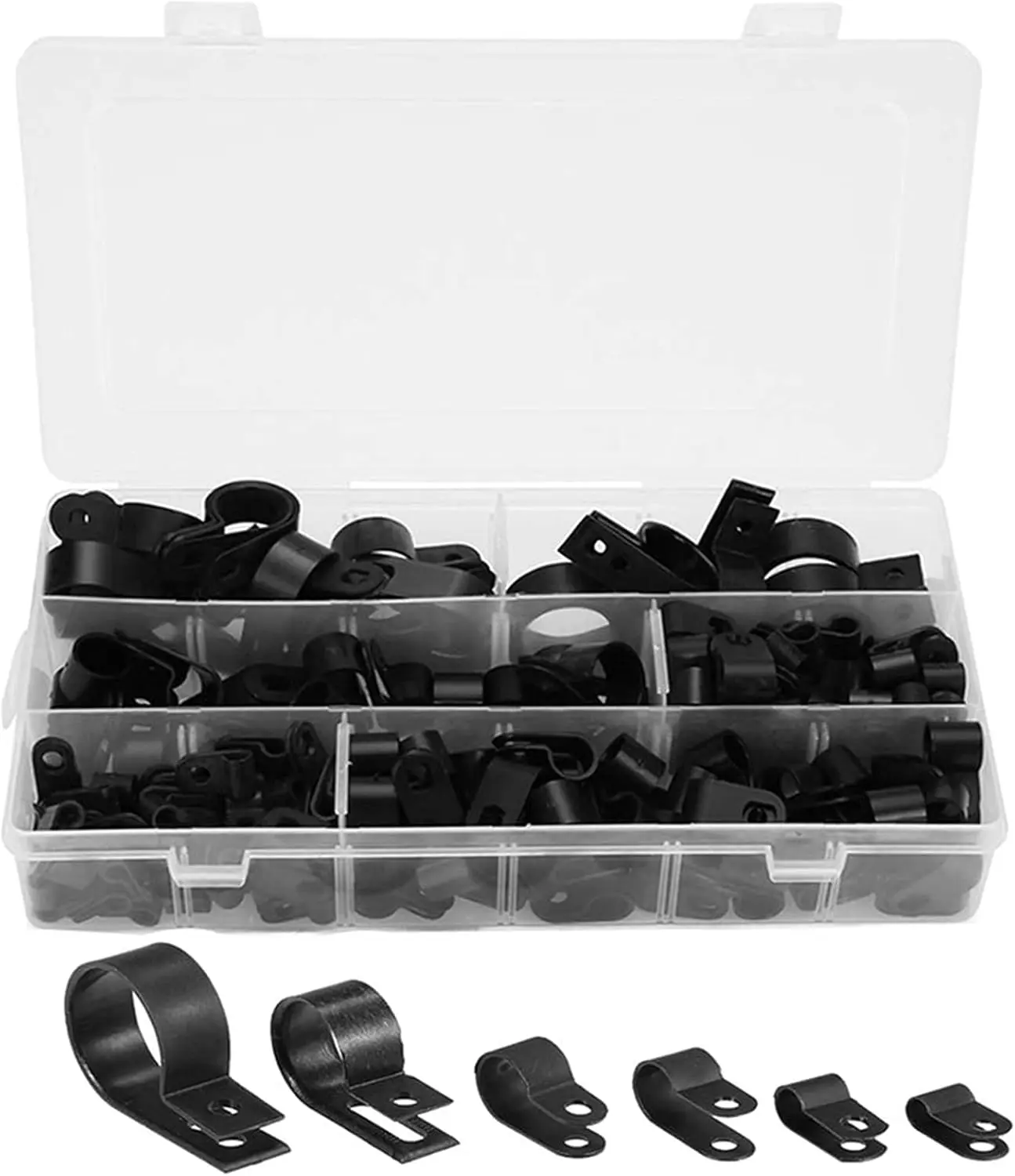 200 Pcs Black Nylon Plastic R-Type Cable Clamps for Cable Conduit | 3/16" 1/4" 3/8" 1/2" 3/4" 1" Clips Fasteners Assortment Clamps