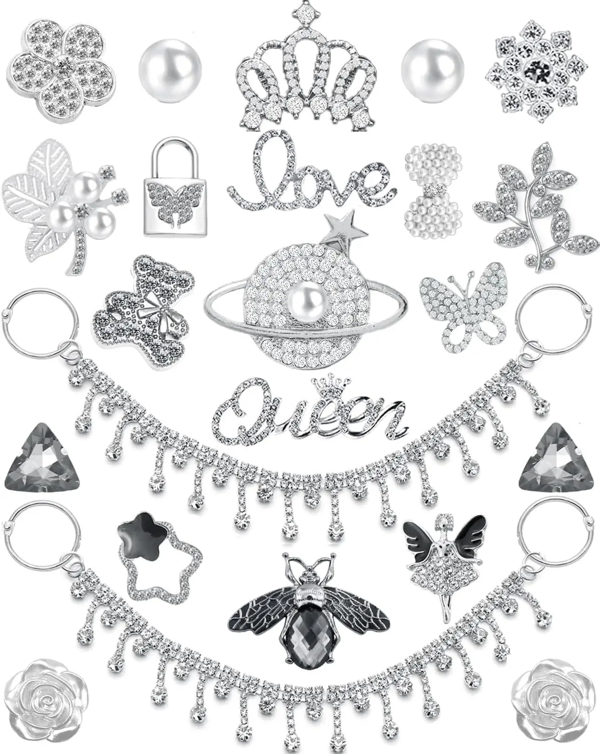 24Pcs Designer Bling Shoe Charms with Pearl Chain - Luxury Rhinestone Gems Accessories Set for Women Girls Sandals & Clogs