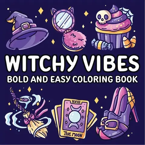 Witchy Vibes Coloring Book, Watercolor Painting Book for Adults - Thickened Watercolor Paper, 50 Pages, 20x20cm, Halloween-Themed Cover with Witch Hat, Broom, Cauldron & More | Relaxation, Gift for Holidays, Birthdays & Parties