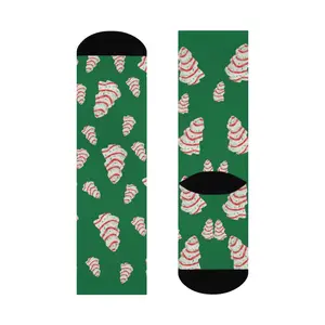 Cushioned Crew Socks Christmas Cake Debbie Tree Nostalgic All Over Print Holiday Festive Unisex Ribbed Tube Soft Stretchy Perfect Fit
