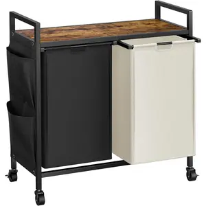 WOWLIVE Double Laundry Hamper with Lid,Rolling Laundry Basket Organizer with Wheels, Iron-Made Laundry Sorter with Top Shelf and 2 Removable Bags,Large Laundry Storage for Room,Black and Beige