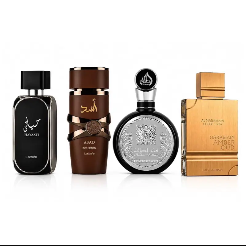 Men’s luxury fragrance bundle - Lattafa Fakher men + Asad Bourbon + Hayaati + Al Haramain Amber Oud Gold Edition, 100ml (3.4 fl.oz)