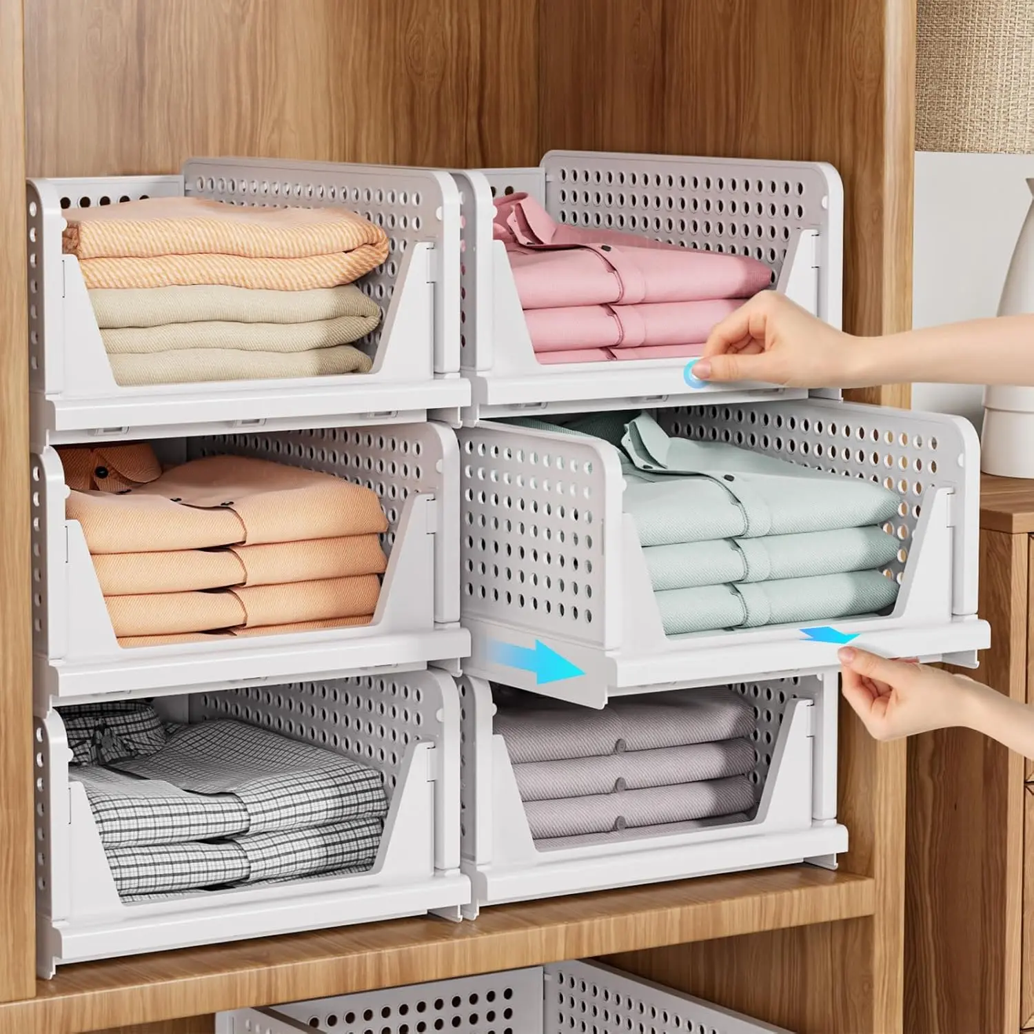 7CODE 20 Pack Stackable Closet Storage Basket, Multifunctional & Foldable Closet Organizer for Bathroom Kitchen Laundry Room Wardrobe Storage, Space-Saving Clothes Storage Drawer Organizer, White