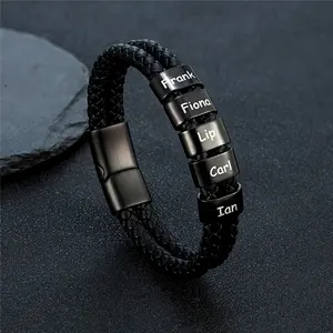 Personalize Family Name Bracelets for Men Black Layered Braided Leather Stainless Steel Charms Custom Father's Day Gift
