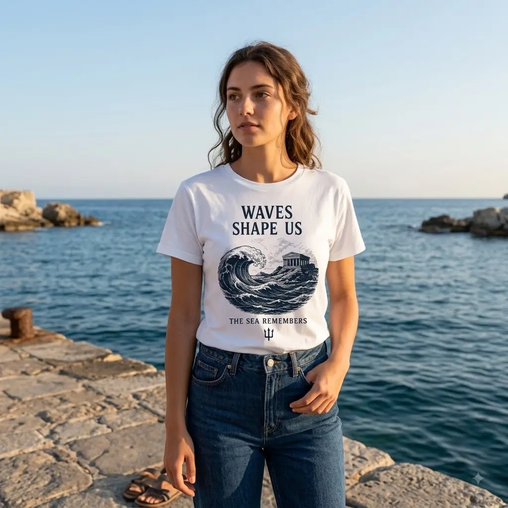 Vintage "Waves Shape Us" Greek Mythology 100% Pure Cotton T-Shirt, Unisex Retro Short Sleeve Casual Top