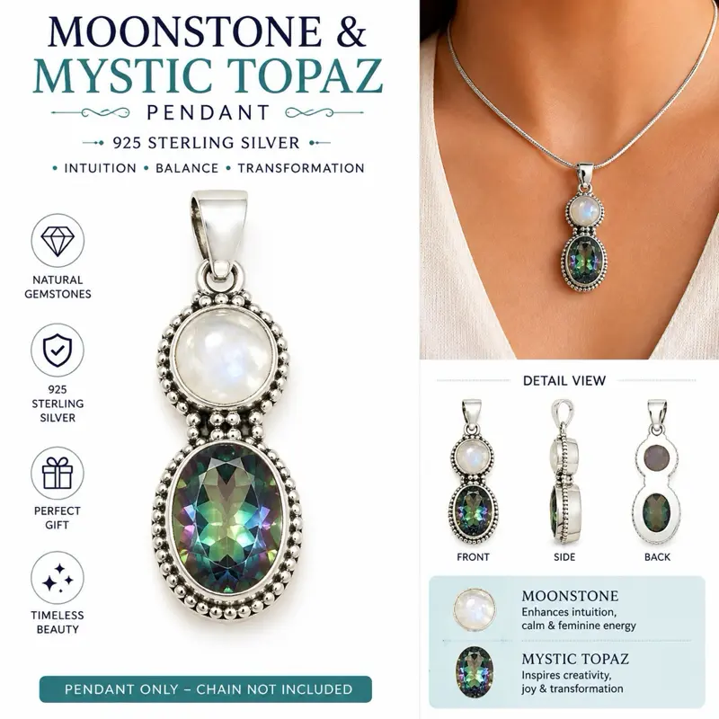 Moonstone & Mystic Topaz Pendant – 925 Sterling Silver