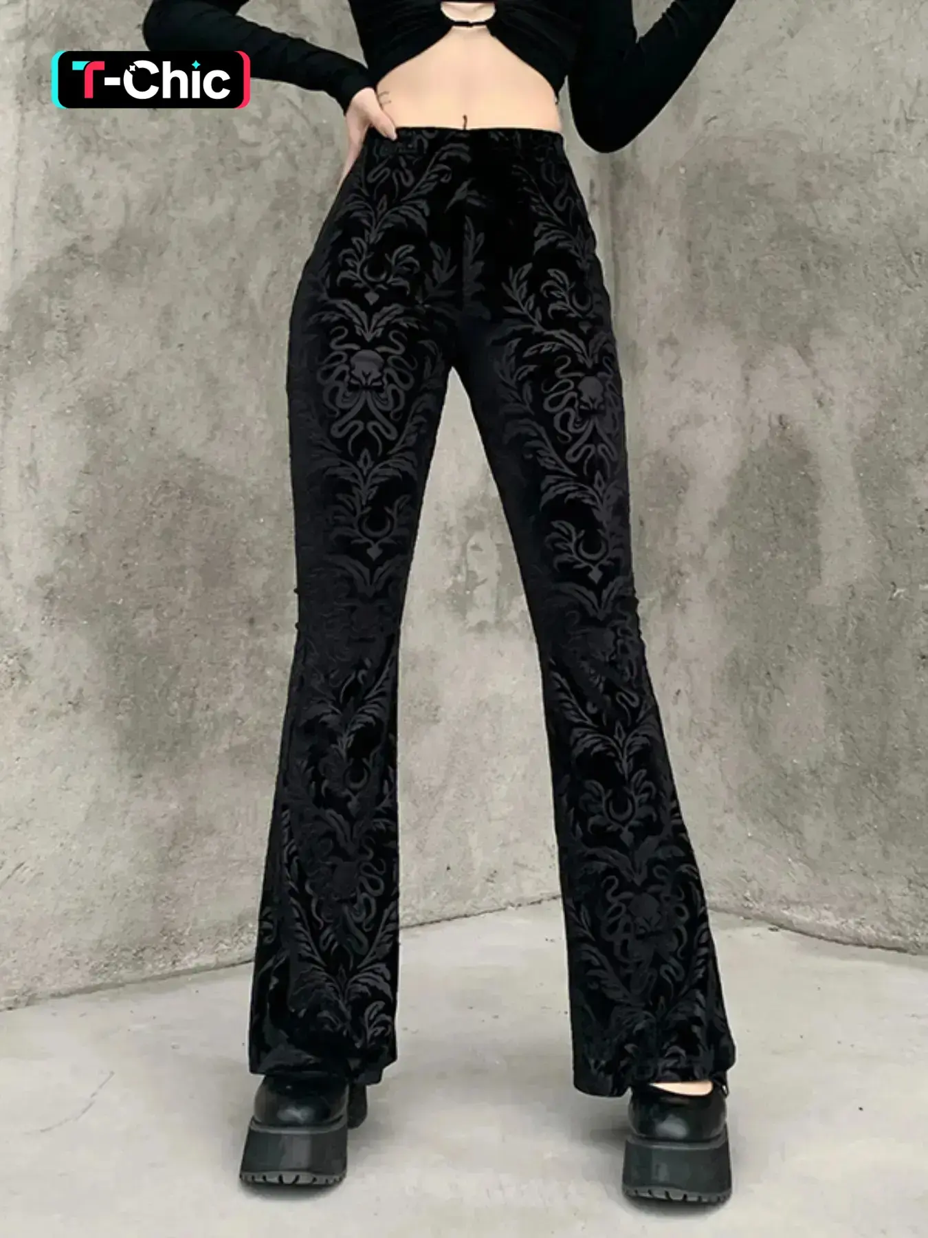 Women's Ethnic Pattern Elastic Waist Flare Leg Pants, Comfort Womenswear, Casual Trendy Versatile, Fall Clothes, Casual Comfy Bell Bottom Velvet Trousers for Fall