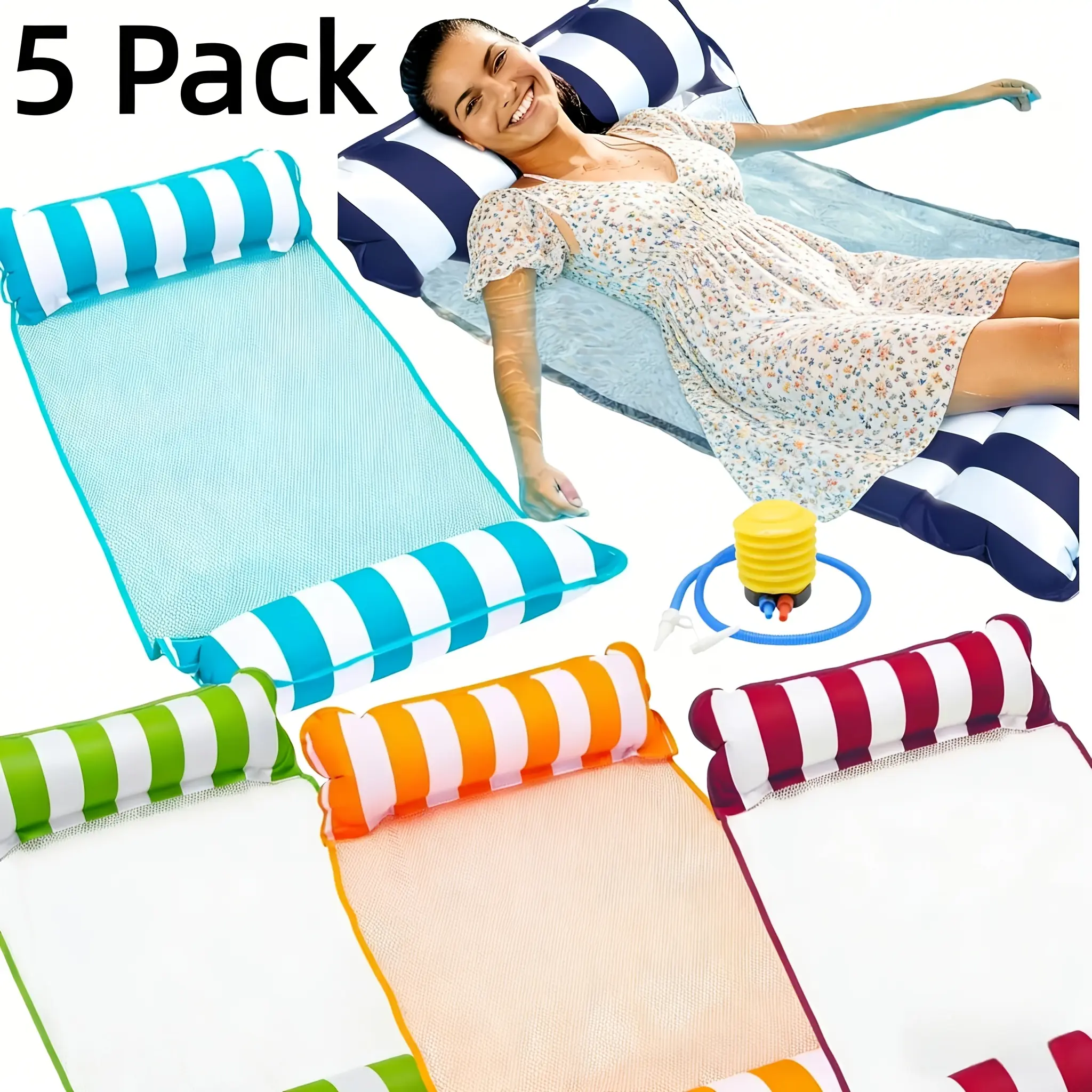 Unbranded Pool Floats 5-Piece Inflatable Lounge Rafts - Unisex Adult Size, Ergonomic Design, Easy to Inflate/Deflate and Transport, Durable PVC for Pool Parties, Sunbathing, Beach Gatherings