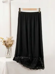 3 Lengths Basic Style Underskirt Women's Soft Modal Fabric Lace Skirt Set, High Waist Contrast Mesh Design, Knee Length Casual Dress for Office, Party, Date, Womenswear