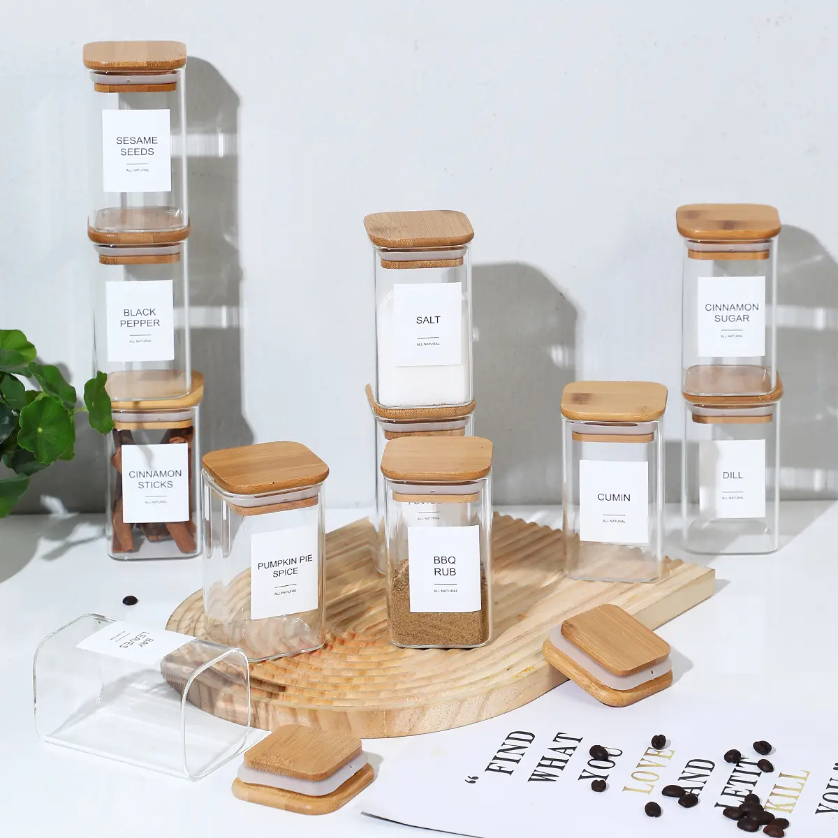 12/18/24 Pack Square Glass Spice Jars, 8 oz Airtight Seasoning Containers with Bamboo Lids and Labels storage