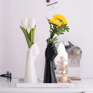 Ceramic Hands Vase - Elegant Black-and-White Spotted Pattern with Carved Hands for Modern Art and Character 3 x 9.2 in Sleek Finish