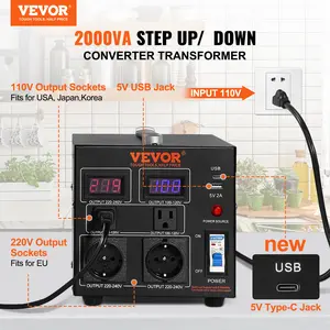 VEVOR Voltage Converter Transformer, 2000W, Heavy Duty Step Up/Down Transformer, Convert from 110 Volt to 220 Volt and from 220 Volt to 110 Volt, with US Outlet EU Outlet 5V USB Port, CE Certified