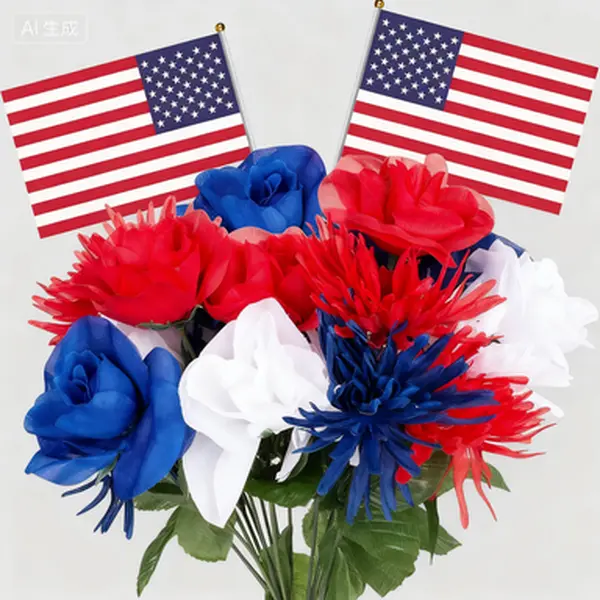 Red White Blue Patriotic Bouquet Artificial Flowers, Memorial Day Veterans Tribute Centerpiece, Faux Blooming Chrysanthemum Arrangement, Reusable Fabric Roses with Flag Accents, All-Weather Decoration for Cemetery