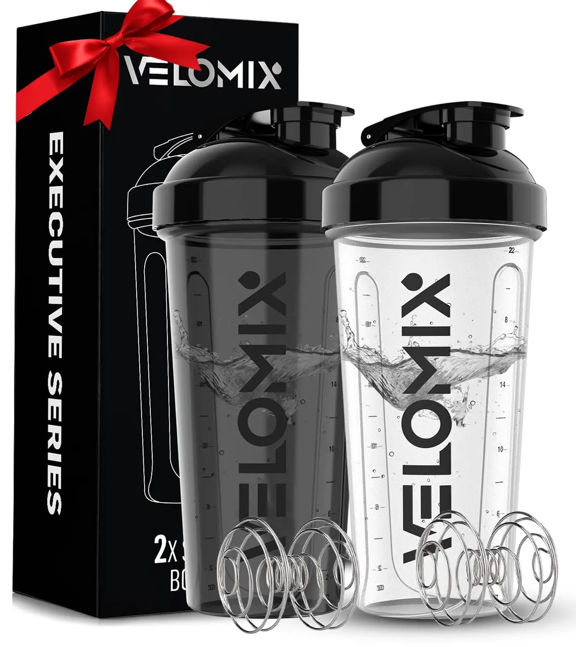 VELOMIX 2 Pack 28oz Protein Shaker Bottle for Protein Mixes, Black/Transpar | 2x Wire Whisk, Leak Proof Shaker Cups for Protein Shakes, Stackable, Dishwasher safe, BPA free, Pre Workout and Fitness ready, Drinkware, Set