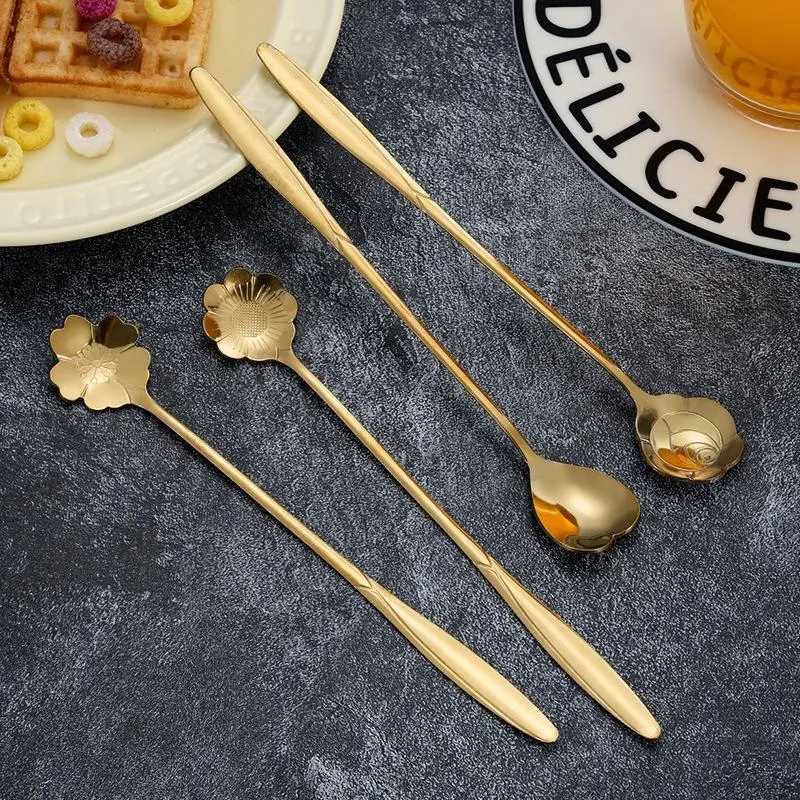 Heart & Flower Design Coffee Spoon Set, 4 Counts/set Stainless Steel Dessert Spoon, Modern Long Handle Spoon for Coffee, Tea, Ice Cream, Kitchen Accessories, Utensils, Spoons Set