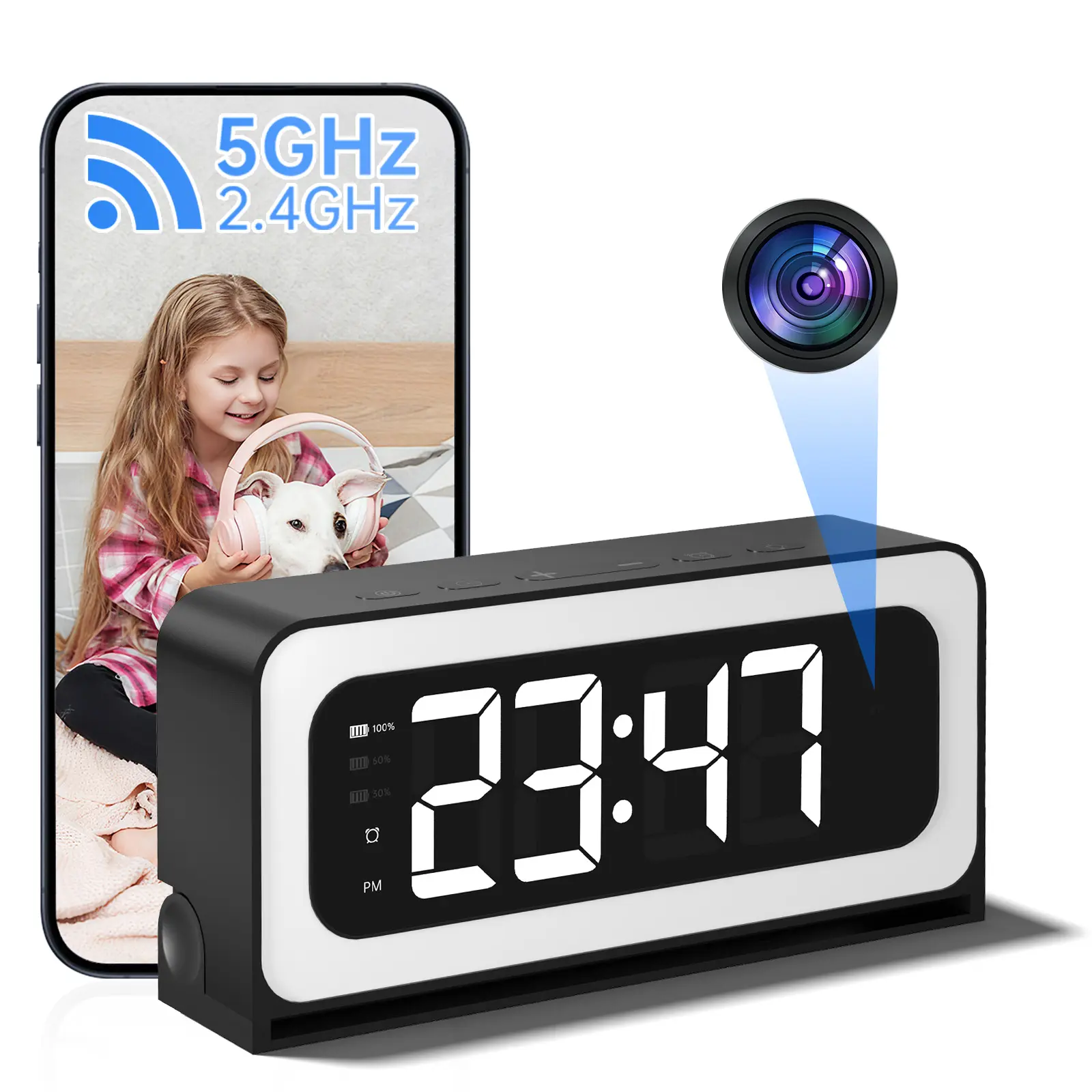 WiFi Surveillance Camera - 1080P HD Wireless Camera Clock , Night Vision, Motion Detection, Loop Recording, 2.4GHz WiFi Connectivity, Battery Powered, Remote Real-Time Viewing, Perfect for Home, Office, Warehouse Monitoring,father'sdaygifts