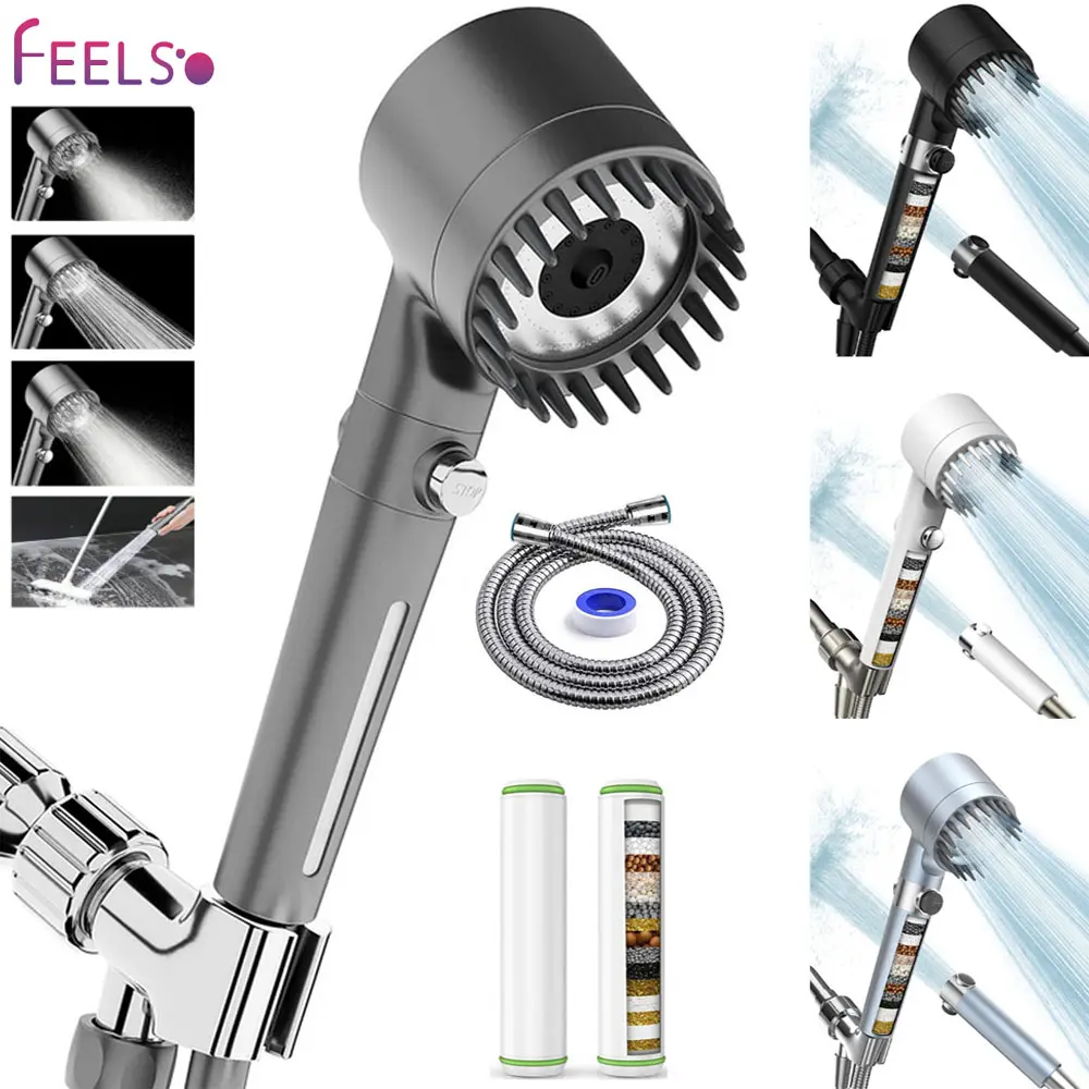 FEELSO Rainfall Handheld Filter Shower Head - Chrome Effect Showerhead Filter, 4-Setting Massage Spray, 60" Hose, Easy Install, Low Flow, 1-Touch Water Stop, Micro-Technology Nozzles, Bathroom Accessory, Rainfall Handheld Shower