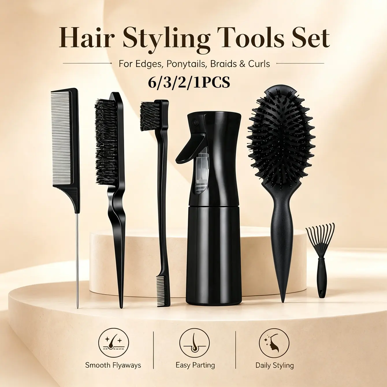 ✦ 【6 Colors Available】1/2/3/6PCS Hair Styling Tools Set, Heatless Styling Tool, Hair Styling Kit, Smoothing Comb, Edge Brush, Spray Bottle, Rat Tail Comb & Hair Pick For Sleek Ponytail, Baby Hair, Wigs, Braids, Curls & Daily Styling, Styling Bundle