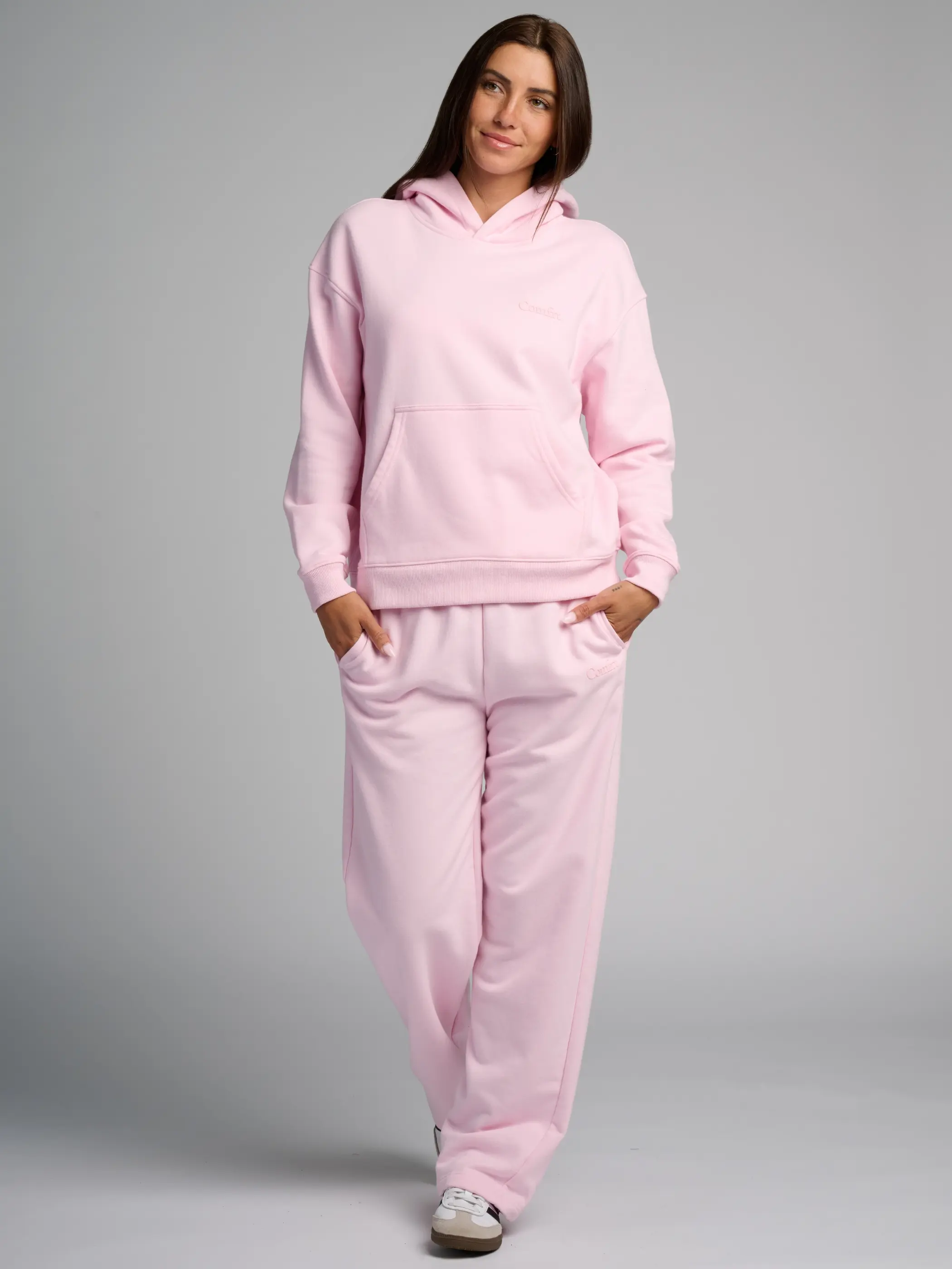 Comfrt | Halo Lightweight Matching Set | Powder Pink & Iris Cropped Hoodie & Straight Leg Sweatpants Comfrt | Halo Lightweight Matching Set | Powder Pink & Iris Cropped Hoodie & Straight Leg Sweatpants