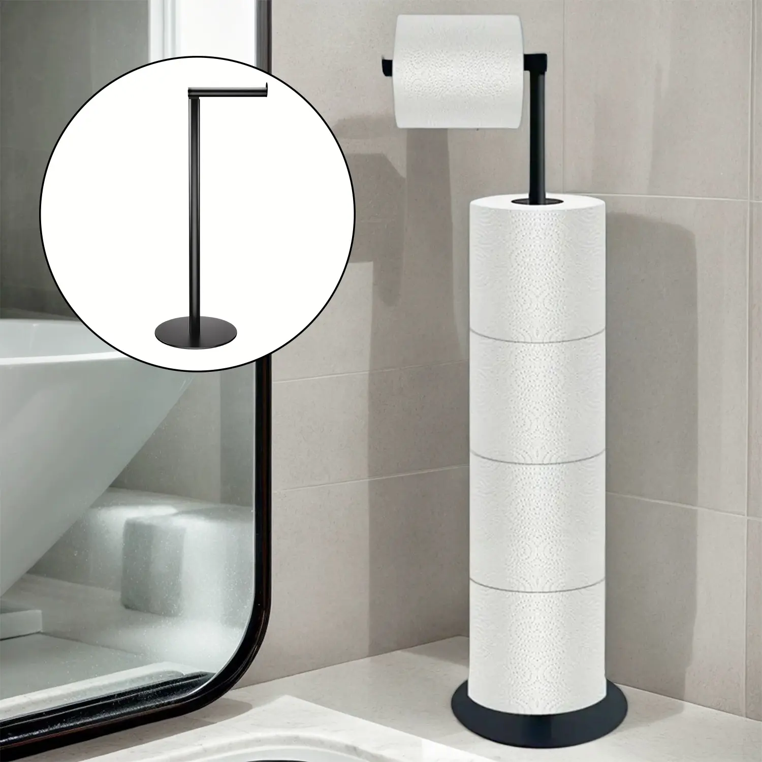 2-in-1 Adjustable Toilet Paper Holder Stand 31cm & 62cm Heavy Duty Stainless Steel Black Pink Gold Multi-Storage Bath Organizer with Non-Slip Base - Racks
