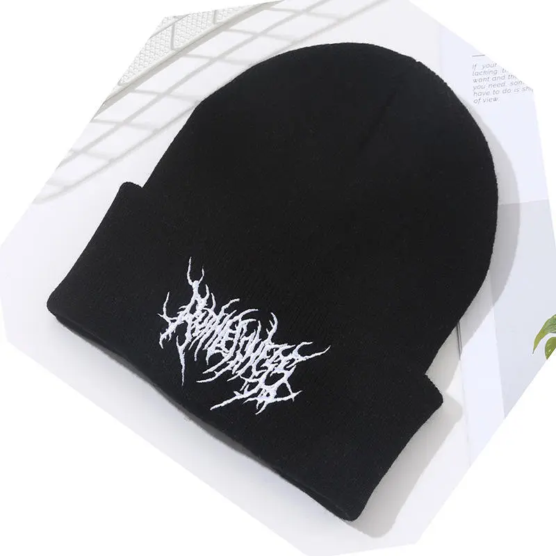 Beanie, Hip Hop Punk Street Headwear, Letter Embroidered Acrylic Knit Hat, Adjustable Custom Unisex Cap for Warm Travel Daily Casual Winter Outdoor Outfit