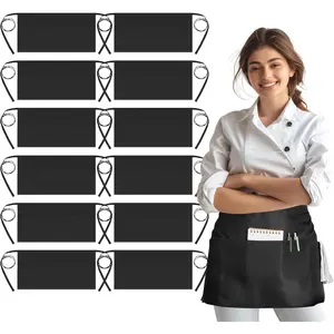 12 pack server aprons with 3 pockets, water resistant waitress waist apron for women men, server apron with large pockets for waitress book, phone & cutleries, 11.5-inch black