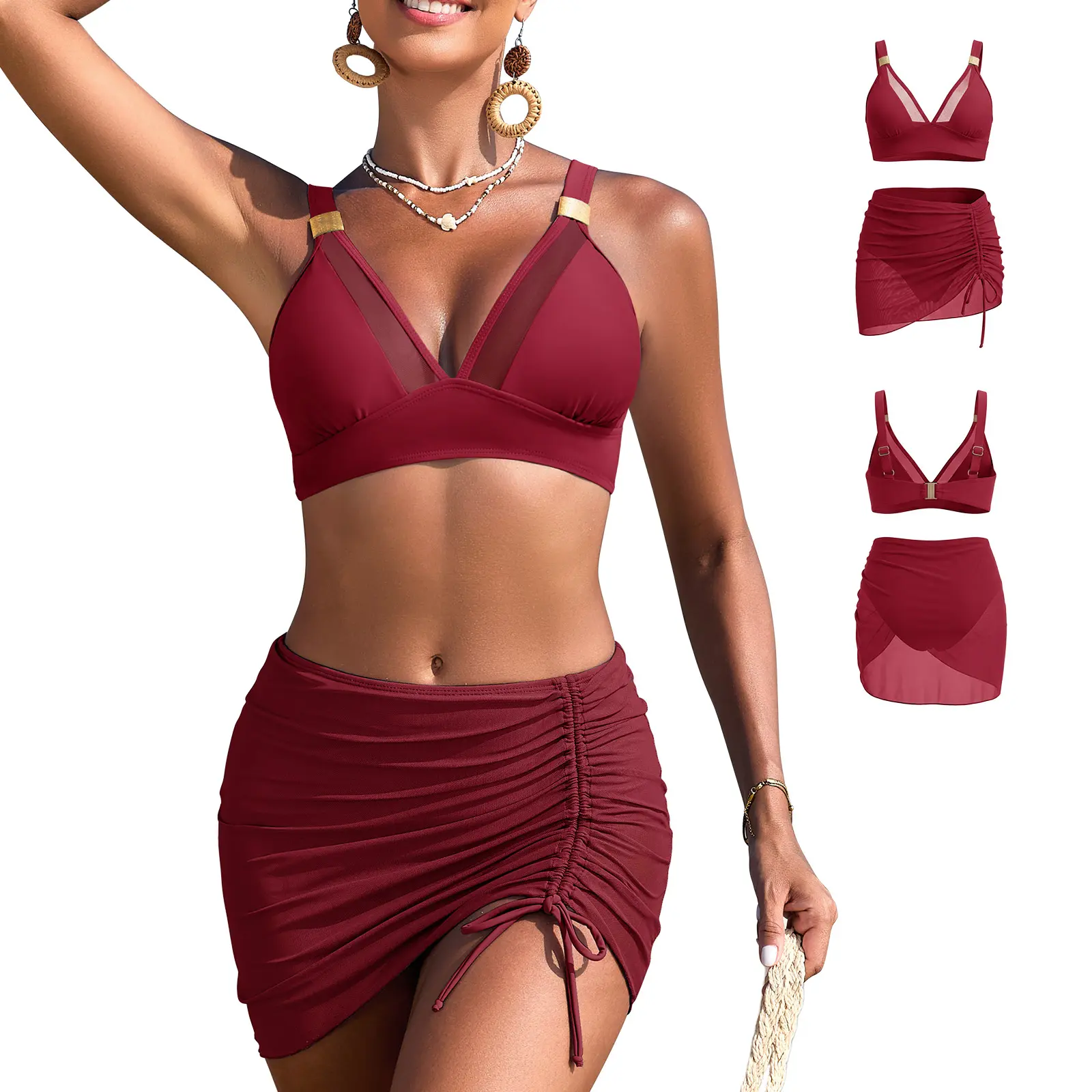 Women's High Waisted Bikini Set Two Pieces Swimsuits V Neck Tummy Control Bathing Suits with Cover Up for Ladies