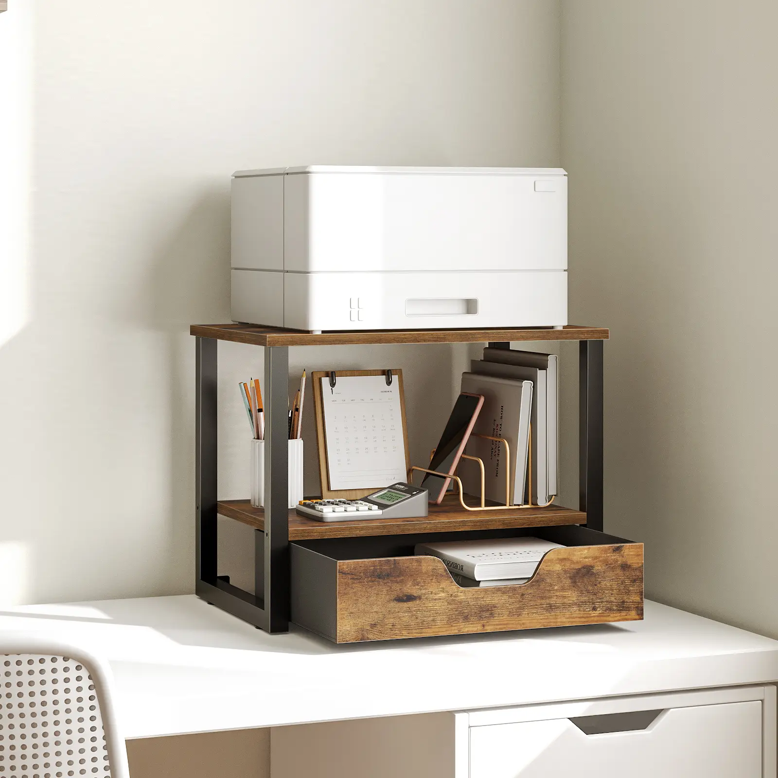 YATINEY Desktop Printer Stand, 2-Tier Printer Table with Non-Woven Drawer, Multi-Purpose Desk Organizer for Home Office, Under Desk Open Organizer Shelf, Rustic Brown #SummerVibes#DealsforYouDays #SummerGarden