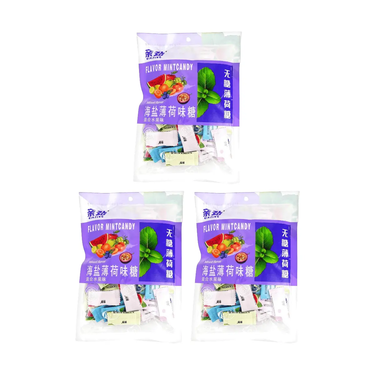 QINJING Sugar-Free Sea Salt Mint Candy - Mixed Fruit Flavors, 200g x 3 Pack - Bulk Value, Fresh Breath