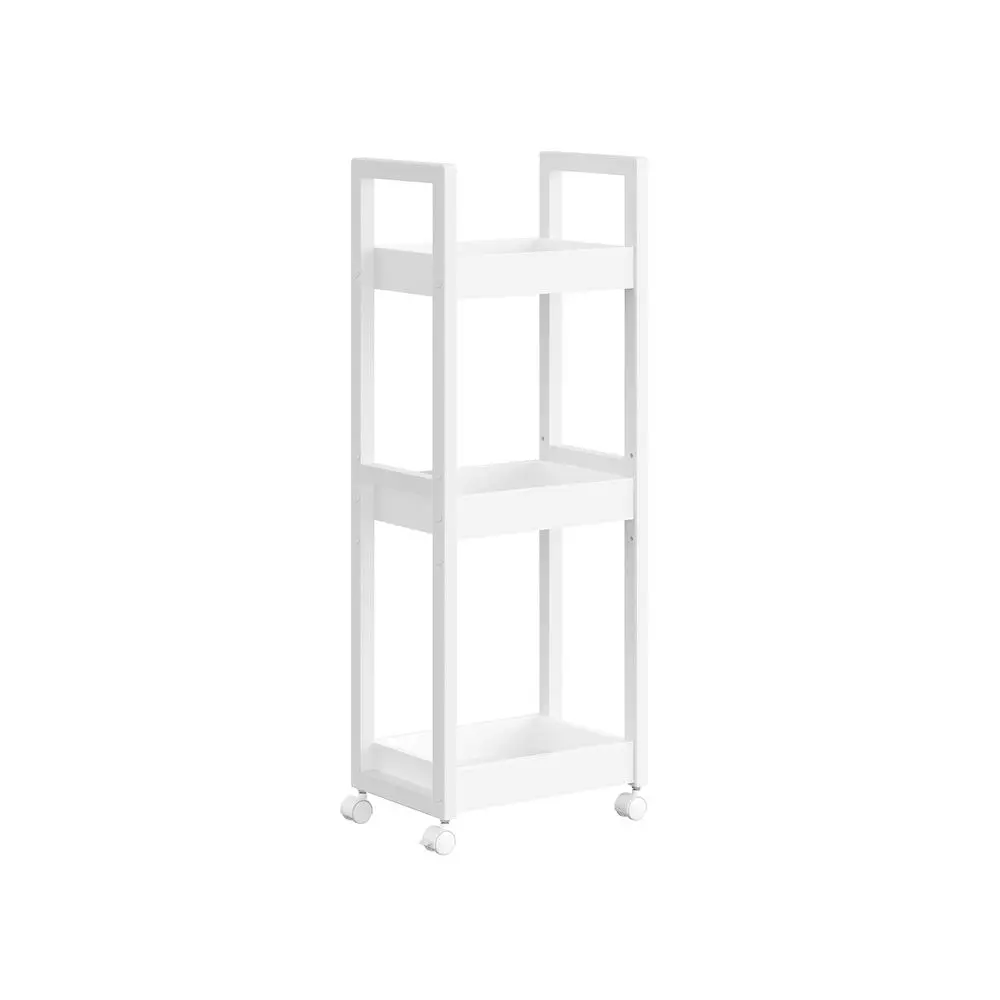 SONGMICS 3-Tier Bamboo Wood Utility Cart on Wheels, Slim Narrow Organiser Racks, Space-Saving Multifunctional Storage Shelf for Bathroom, Kitchen, Bamboo Wood Utility Carts