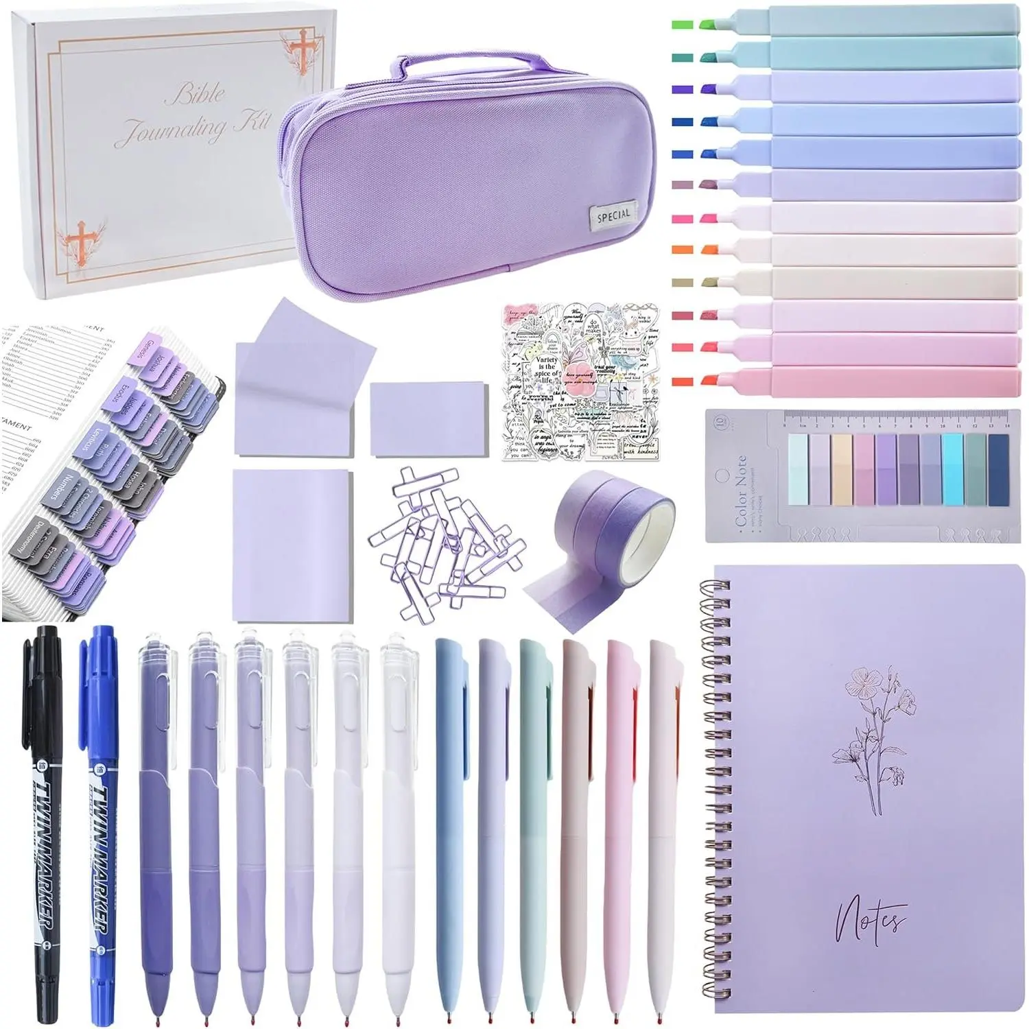 Study Supplies Journaling Kit with Tabs, Highlighters and Color Pens, Notebook,Stickers & More 56 count  Accessories Set for Women, Beginner Christian Gifts(Purple)