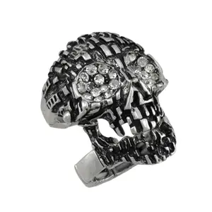 Silvertone Skull Armor Ring with Rhinestone Eyes