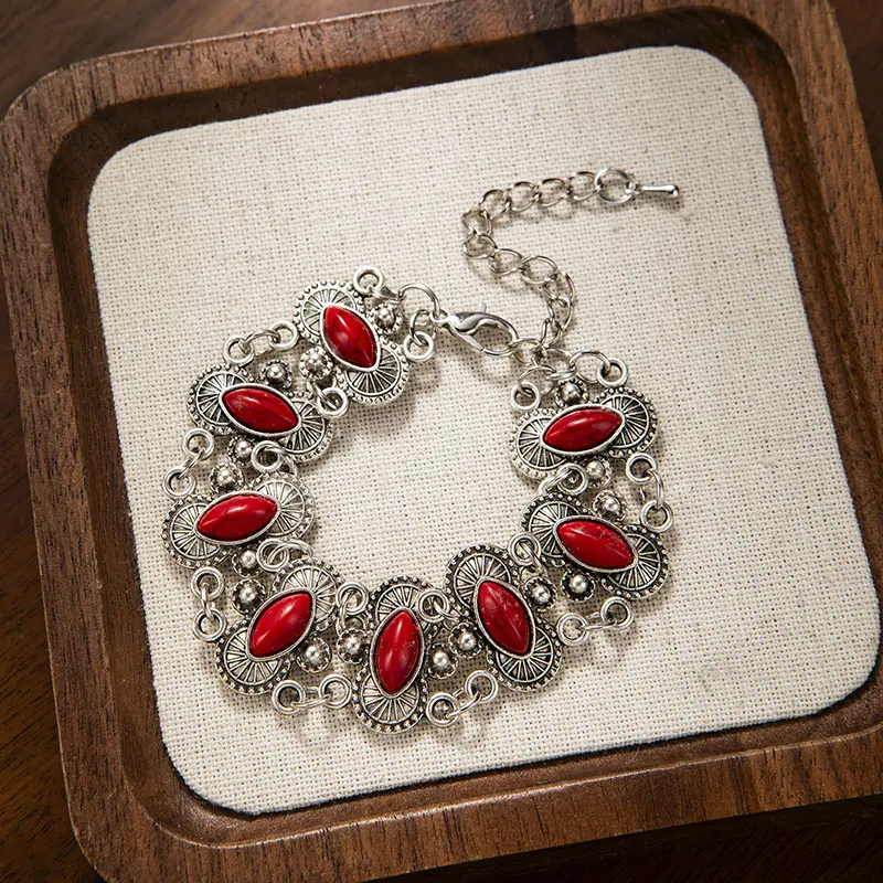 Vintage Bohemian Turquoise & Red Stone Link Bracelet – Antique Metal Floral Statement Bracelet for Men & Women