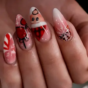 Christmas 24pcs Long Almond Nail Strips, French Gradient Press-On Nails, Santa Snowflake Bow Apple Design, Acrylic False Nails for Women Girls