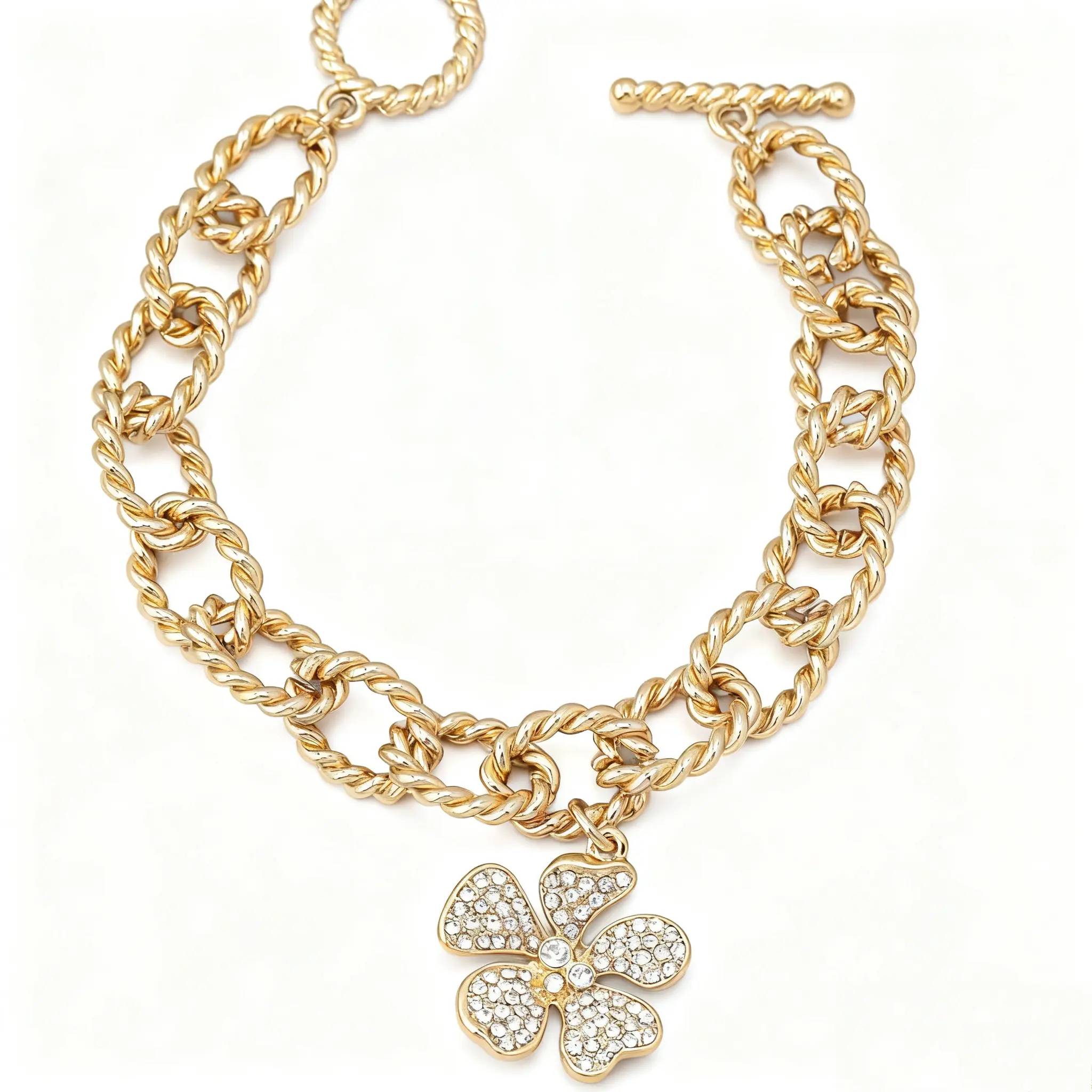 Women's Rhinestone Decor Cuban Link Bangle - 20cm, 11g Basic Nickel-Free Alloy with Flower Pendant, Lightweight for Daily Wear, Ideal for Birthday, Anniversary Gifts for Females