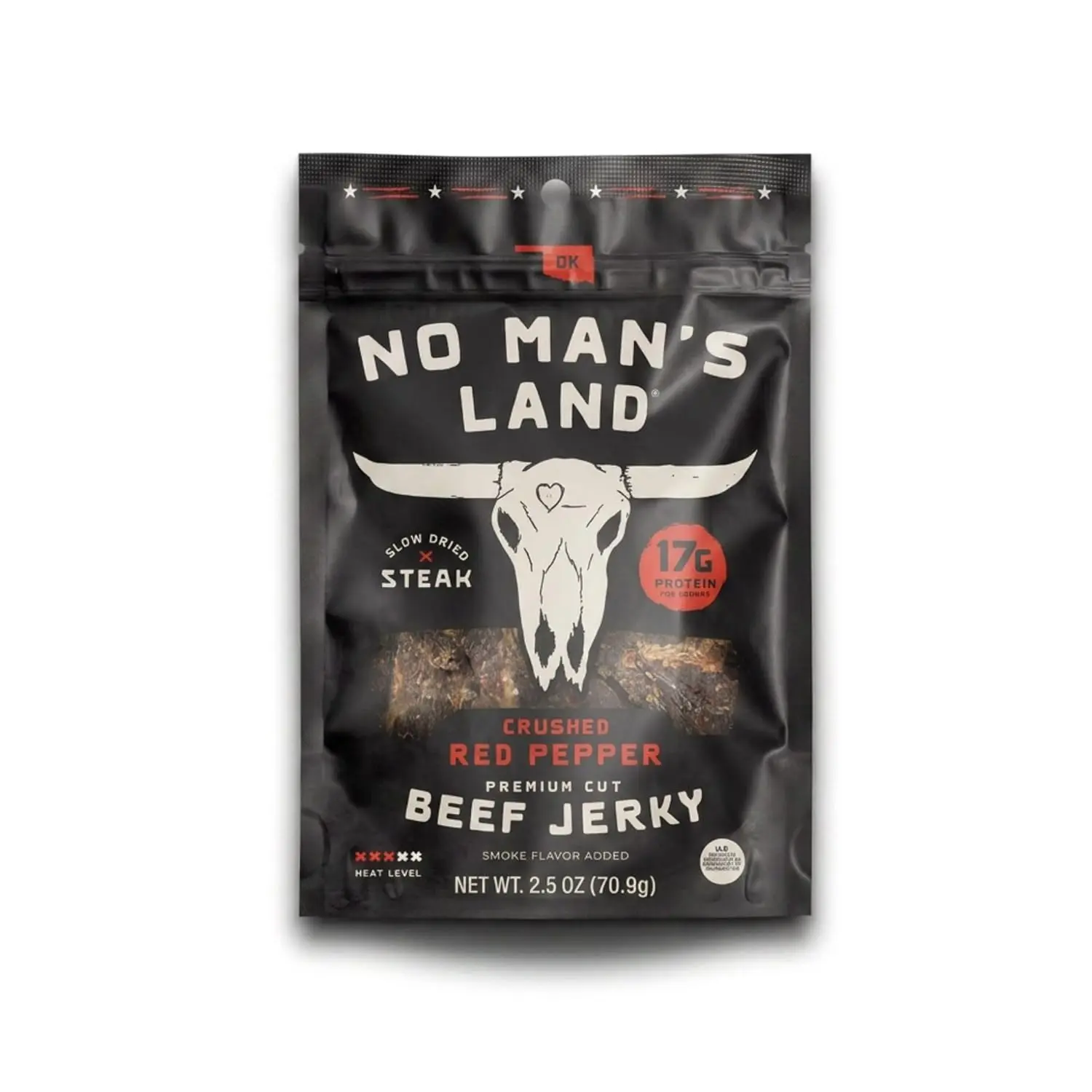 No Man's Land Crushed Red Pepper Beef Jerky, Hand-Cut Steak Strips, Slow-Dried, Spicy Flavor, 17g Protein, 0g Sugar, No MSG, No Nitrates, Premium Beef Snack, Made in Oklahoma, 2.5 oz
