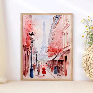 Paris Eiffel Tower Watercolor Art Print, Travel Tour Eiffel Wall Decor, Trees Colorful Retro Painting Illustration, Vintage Wall Room Decor