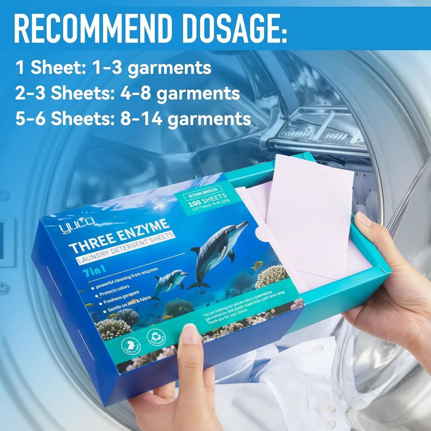 YUCO Eco-Friendly Portable Travel Household Laundry Detergent Sheets Pack (120g, Ocean Amberwood) - Liquidless, Plastic-Free, Hypoallergenic, Skin-Safe, Enzyme-Based Cleaning, Glycerin & Sodium Bicarbonate Infused, Fade-Resistant Home Care Cleaner