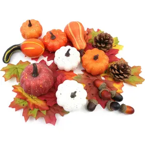 36PCS Mini Artificial Pumpkins Fall Decor Set - Realistic Small Fake Pumpkins for Decorating with Gourd Fall Leaves Acorns Pinecones for Autumn Table Centerpiece, Thanksgiving Harvest Home Decorations