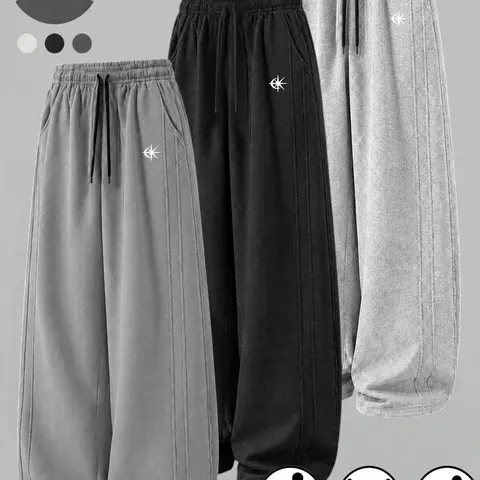 Men's Loose-Fit Full-Length Polyester Sweatpants, Elastic Waist with Adjustable Drawstring, 3D Vertical Side Stripes, Small Logo Print, Side Pockets, Outdoor Wear Suitable for Basketball, Fitness, Daily Street Outfits