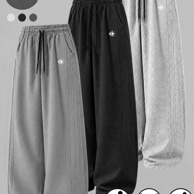 Men's Loose-Fit Full-Length Polyester Sweatpants, Elastic Waist with Adjustable Drawstring, 3D Vertical Side Stripes, Small Logo Print, Side Pockets, Outdoor Wear Suitable for Basketball, Fitness, Daily Street Outfits