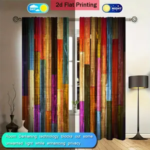 2 Retro Color-Block Wood Grain Print Curtains, Suitable for Home and Office Decor - Versatile, Light Filtering, Rod Pocket Hanging, Machine & Hand Washable, Easy Care, Fashionable Design for Bedroom or Living Room, Living Room Curtains