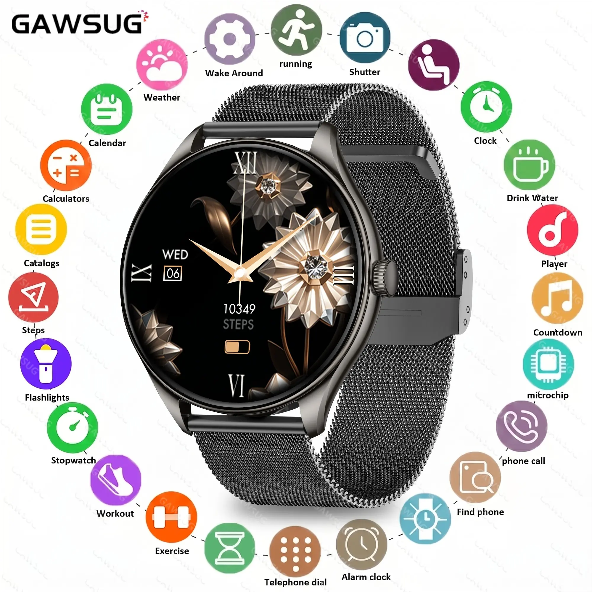 GAWSUG Premium Ultra-Thin Smart Watch Android: 1.46" HD Round Screen, Bluetooth Call & Fitness Tracker, Health Fitness Smartwatch, IP68 Water Proof Zinc Alloy Sport Watch for Men Women, Perfect Gift