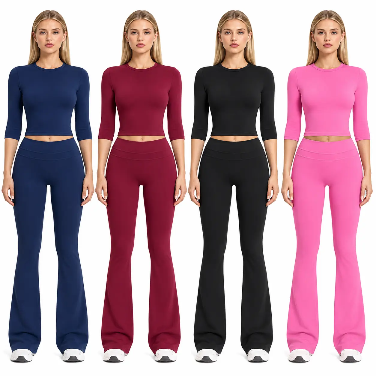 2 Piece Workout Outfits for Women, Crew Neck 3/4 Sleeve Crop Top & High Waist Flare Yoga Leggings Matching Set, 75% Nylon 25% Elastane Soft Stretch Activewear for Running, Cycling, Gym, Tennis, Badminton & Casual Athleisure