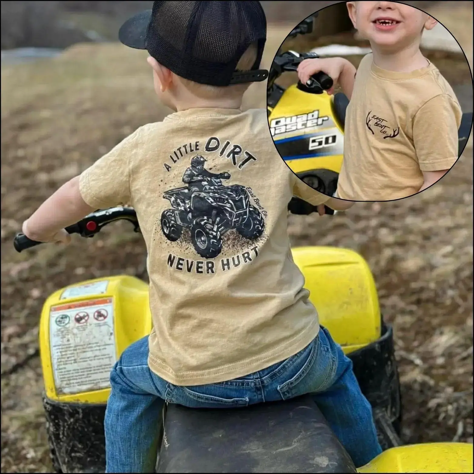 Youth & Adult A Little Dirt Never Hurt Camo ATV T-Shirt, Dirt Bike ATV Tee, Funny Country Boy Off Road Shirt for Adventure, USA-Made & Printed Apparel