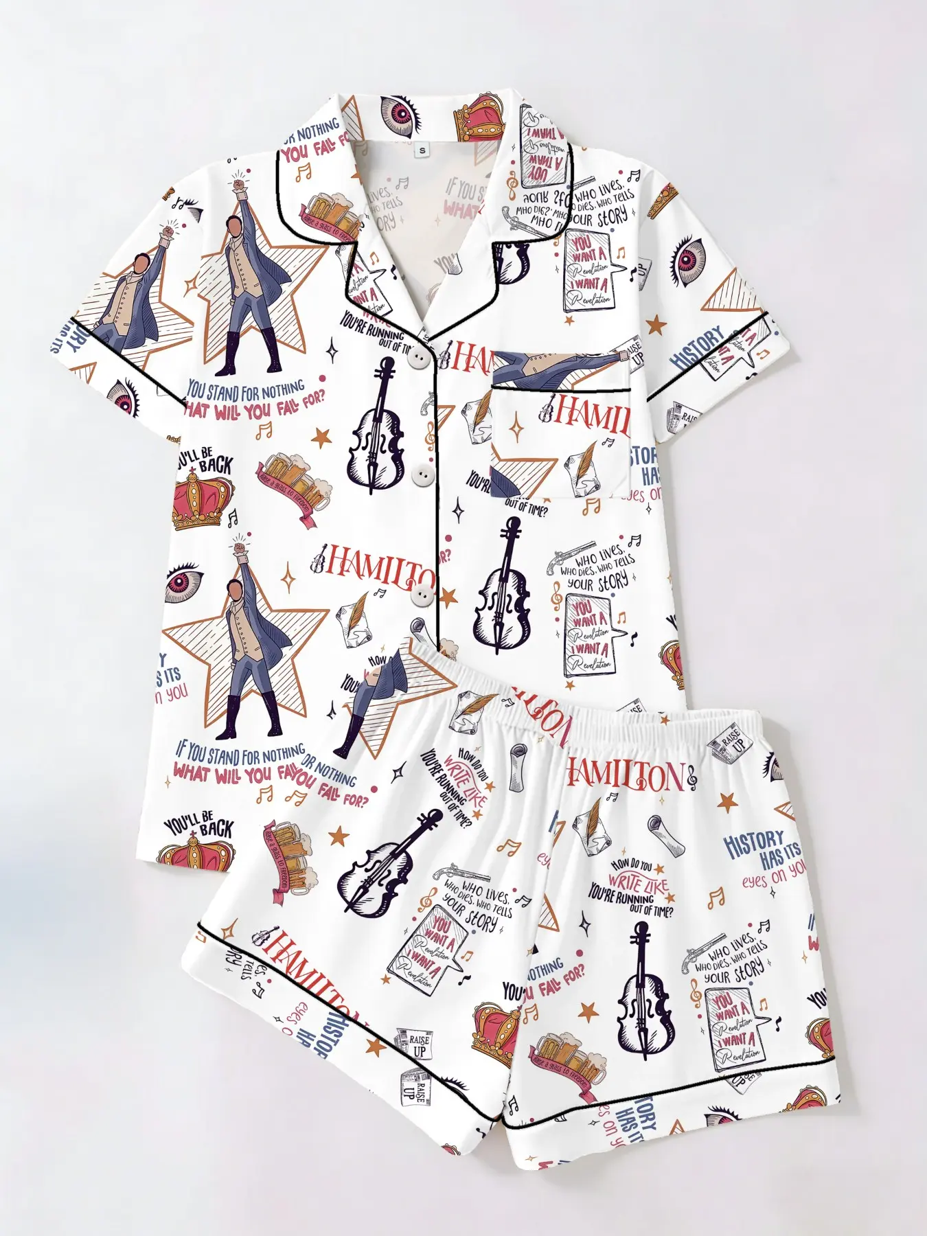 Hamilton Graffiti Print Aesthetic Short Sleeve Shorts Set, Casual Fitted Women's Sleepwear Pajama Loungewear Home Wear Two-Piece Suit, Pjs, All Seasons, Matching Pajamas Set