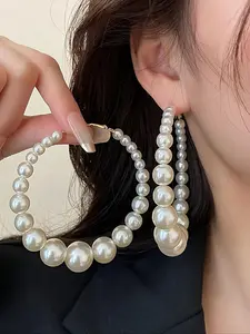 Faux Pearl Decorated Exaggerated Hoop Earrings, Statement Earrings, Elegant Exquisite Earrings for Women, Fashionable Jewelry for Party, Daily Clothing Decor