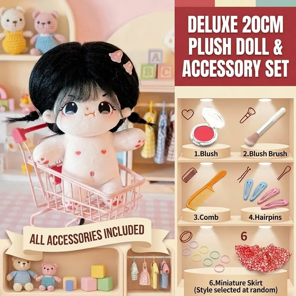 20cm Plush Cotton Doll DIY Set - 7-Piece Set with Bare Doll, Blush Powder, Blush Brush, Comb, 2 Pairs Hair Clips, 8 Elastic Hair Ties & Floral Dress, Random Skirt Style - Kawaii Dress-Up Toy Gift for Girls, DIY Enthusiasts & Collectors