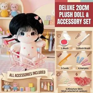 20cm Plush Cotton Doll DIY Set - Complete 7-Piece Set with Bare Doll, Blush Powder, Blush Brush, Comb, 2 Pairs Hair Clips, 8 Elastic Hair Ties & Cute Floral Dress - Kawaii Dress-Up Toy Gift for Girls, DIY Craft Enthusiasts & Doll Collectors